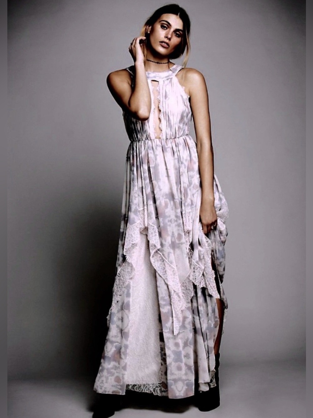 Free People Gray Ivory Tower Tiered‎ Maxi
Dress Sz 6